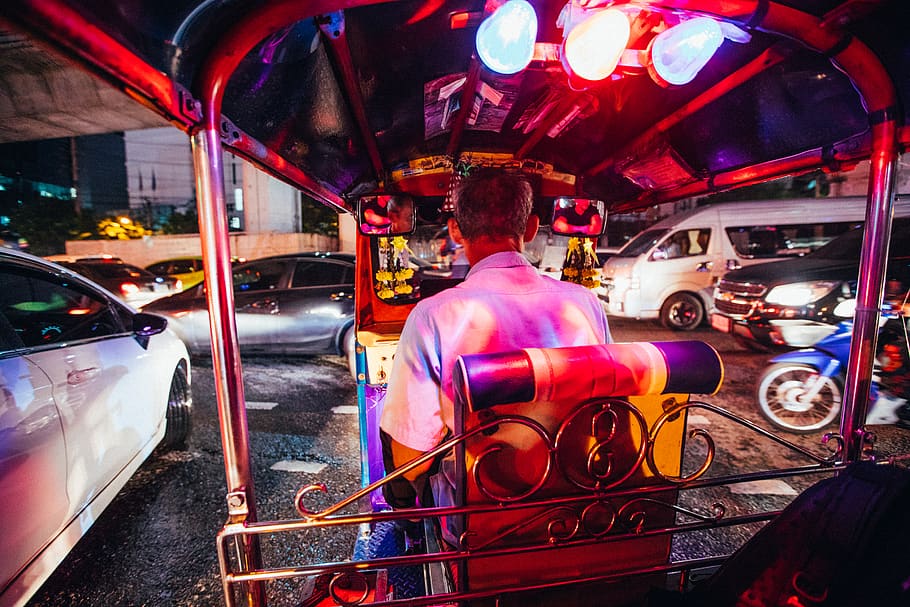 person driving auto-rickshaw, mode of transportation, rear view HD wallpaper