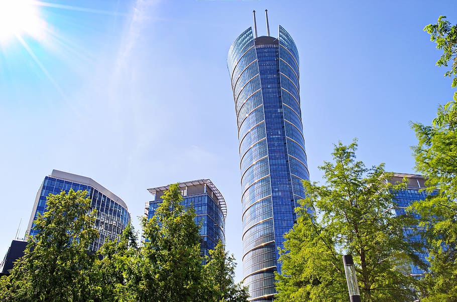 Warsaw Spire Glass Window Building Skyscraper, architecture, blue sky