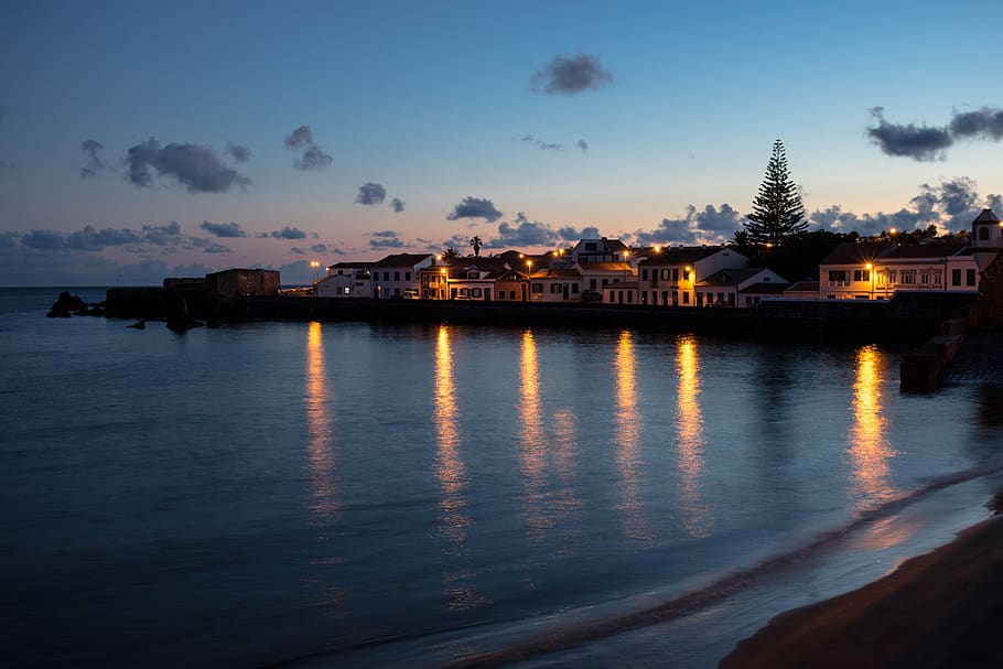 nature, landscape, twilight, ocean, mar, beach, bay, night HD wallpaper