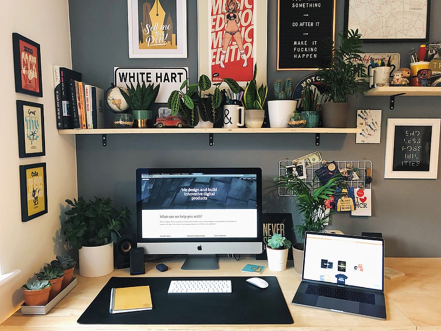 office, workspace, desk, plants, imac, macbook, computer, technology HD wallpaper