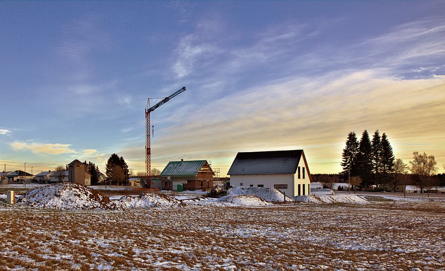 crane, clouds, site, baukran, sky, housebuilding, snow, tree HD wallpaper