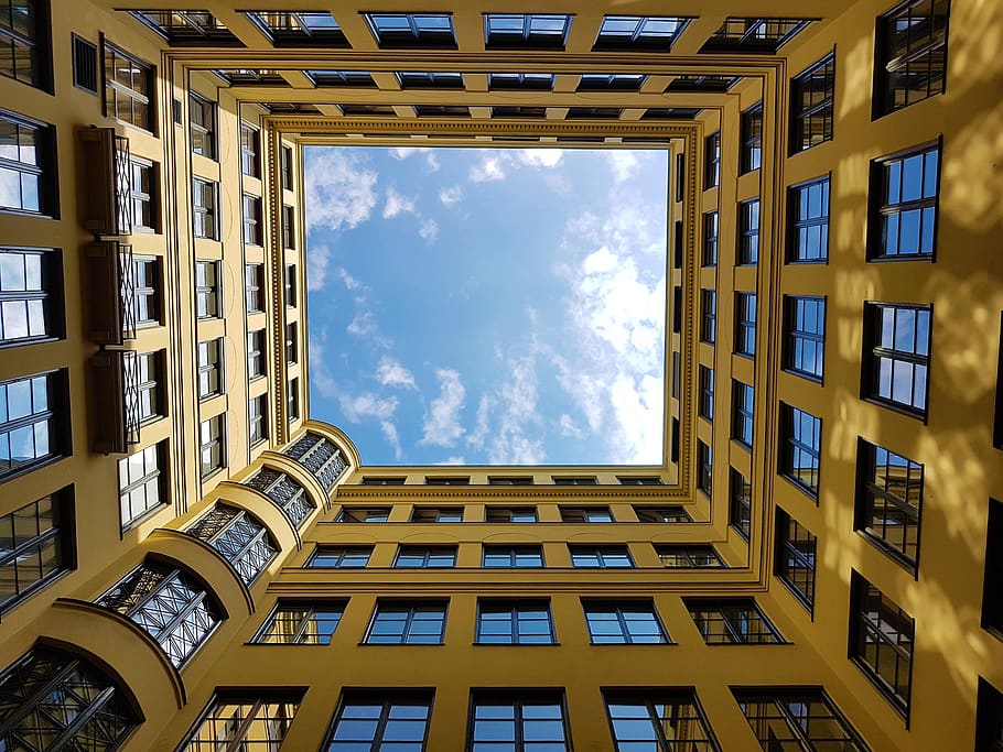 courtyard, sky, building, architecture, clouds, window, house facade HD wallpaper