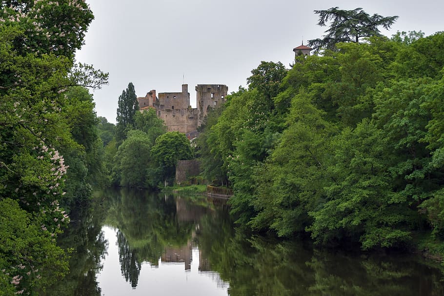 castle, tree, river, rain, landscape, water, grey sky, green HD wallpaper