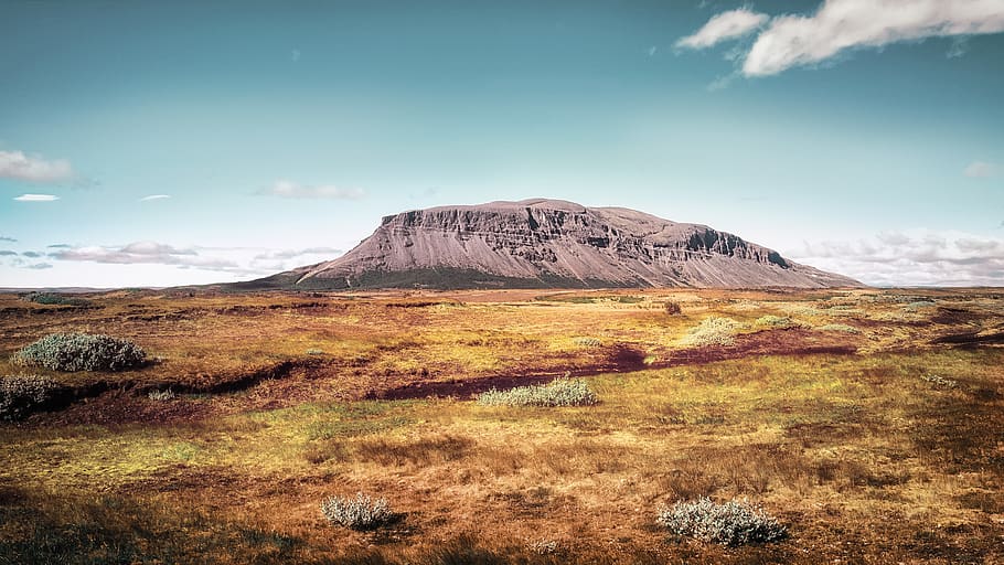 Brown Mountain Under White and Blue Sky at Daytime, bushes, clouds HD wallpaper
