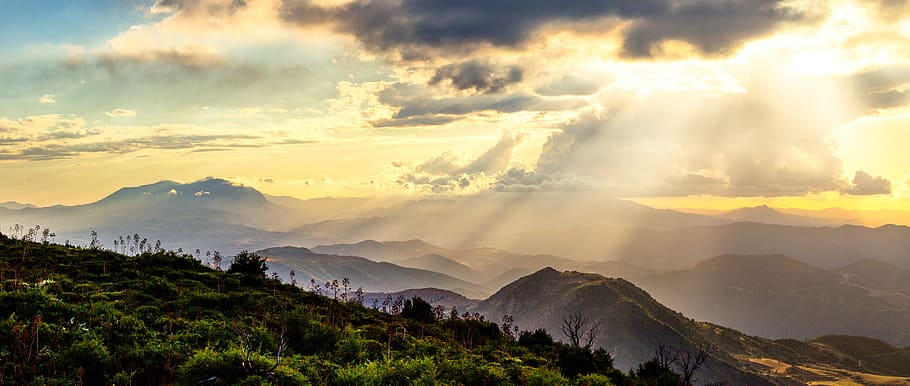 panoramic, nature, mountain, landscape, sunset, sky, dawn, no person HD wallpaper