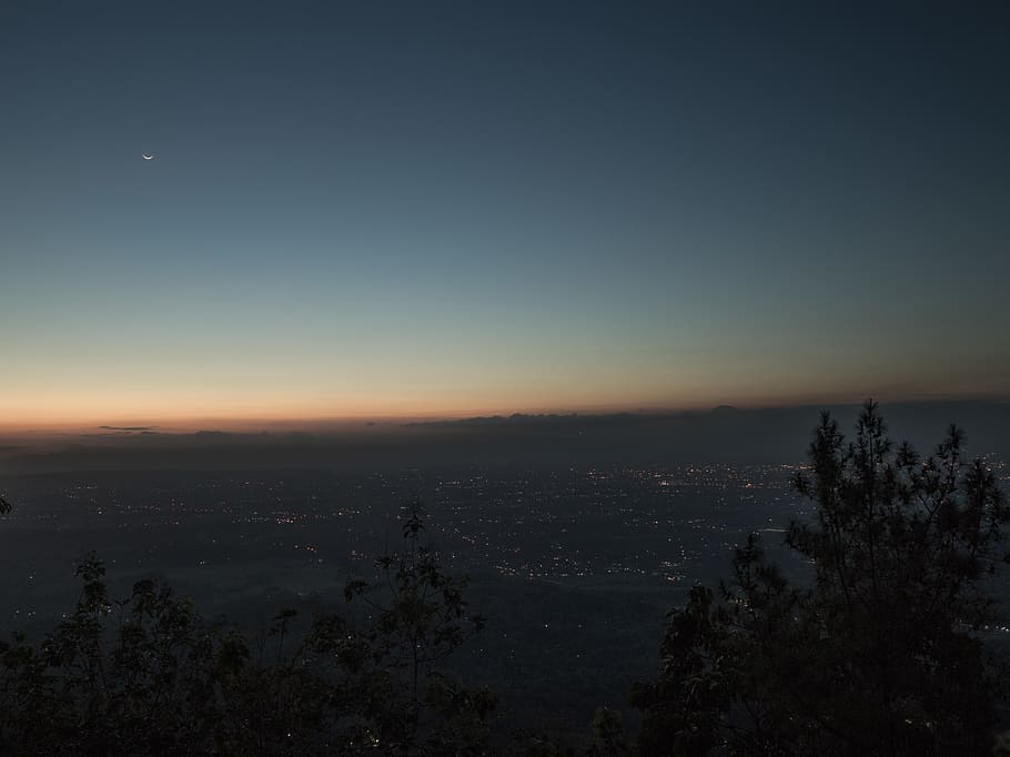 indonesia, becici peak, trees, sunset, landscape, city, moon, HD wallpaper