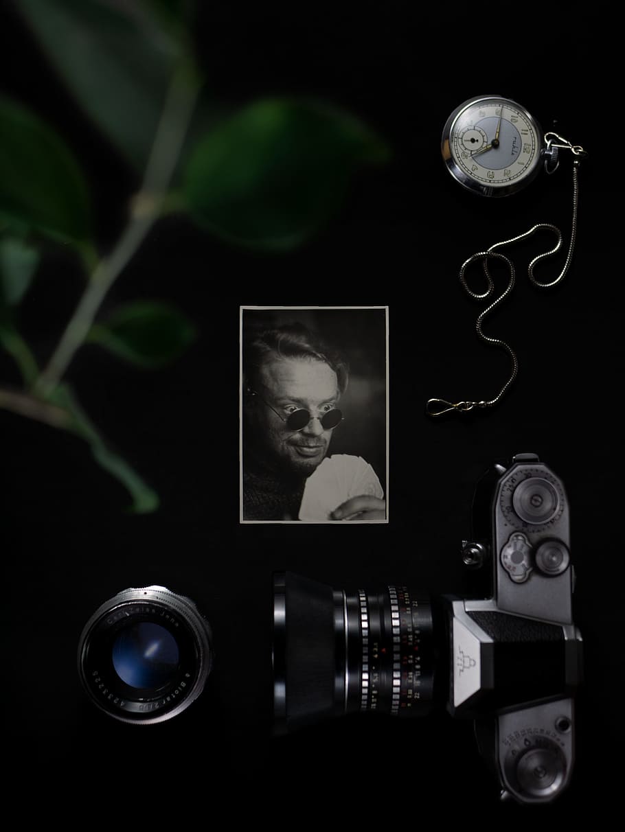 black DSLR camera, picture, analog, composition, collage, watch HD wallpaper