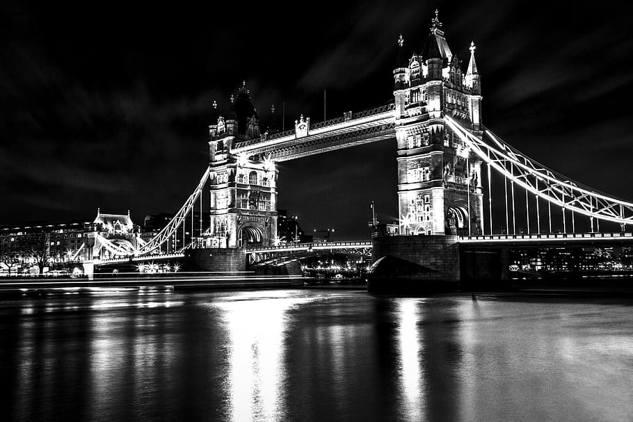 Monochrome Photo of London Tower Bridge, architecture, black and white