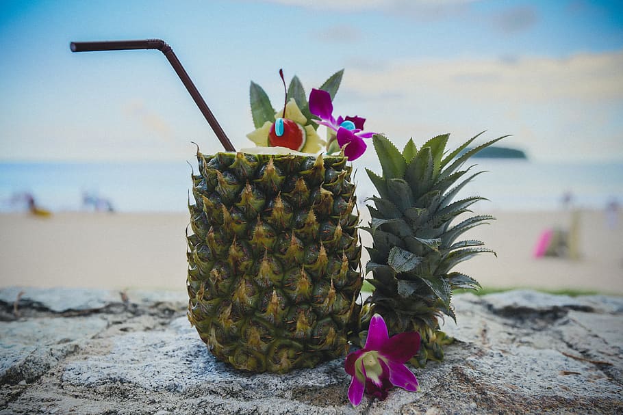 Pineapple Beside Pink Flower, beach, beverage, drink, fresh, fruit HD wallpaper