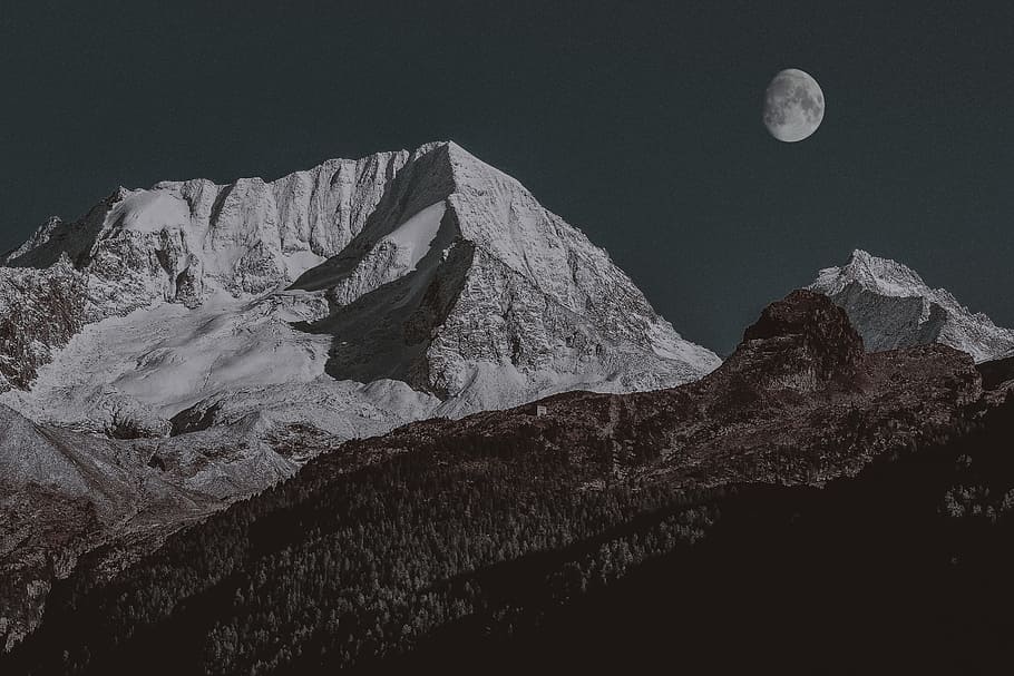 snow covered mountain, landscape, moon, peak, wallpaper, nature HD wallpaper