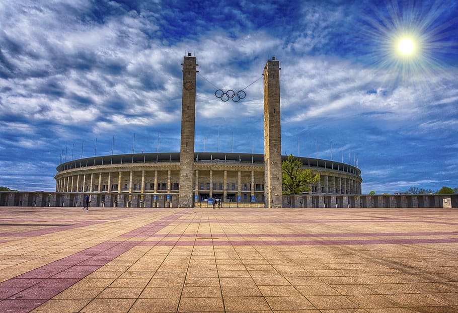 sky, architecture, clouds, berlin olympic stadium, hdr, building, HD wallpaper