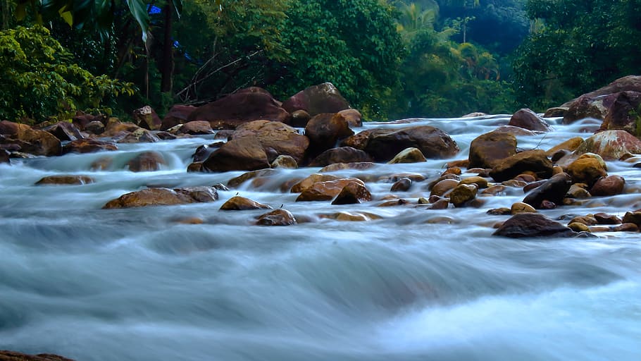 water, rocks, flows, slow shutter, long exposure, nature, landscape HD wallpaper