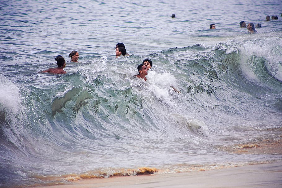 beach, daytime, foam, landscape, ocean, people, sea, seashore HD wallpaper