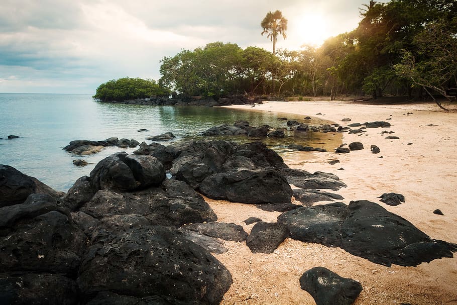 Rocks Near Shore, beach, clouds, horizon, landscape, nature, ocean HD wallpaper