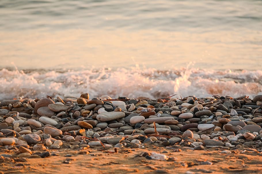 sea, beach, pebble, wave, stones, water, solid, land, rock HD wallpaper