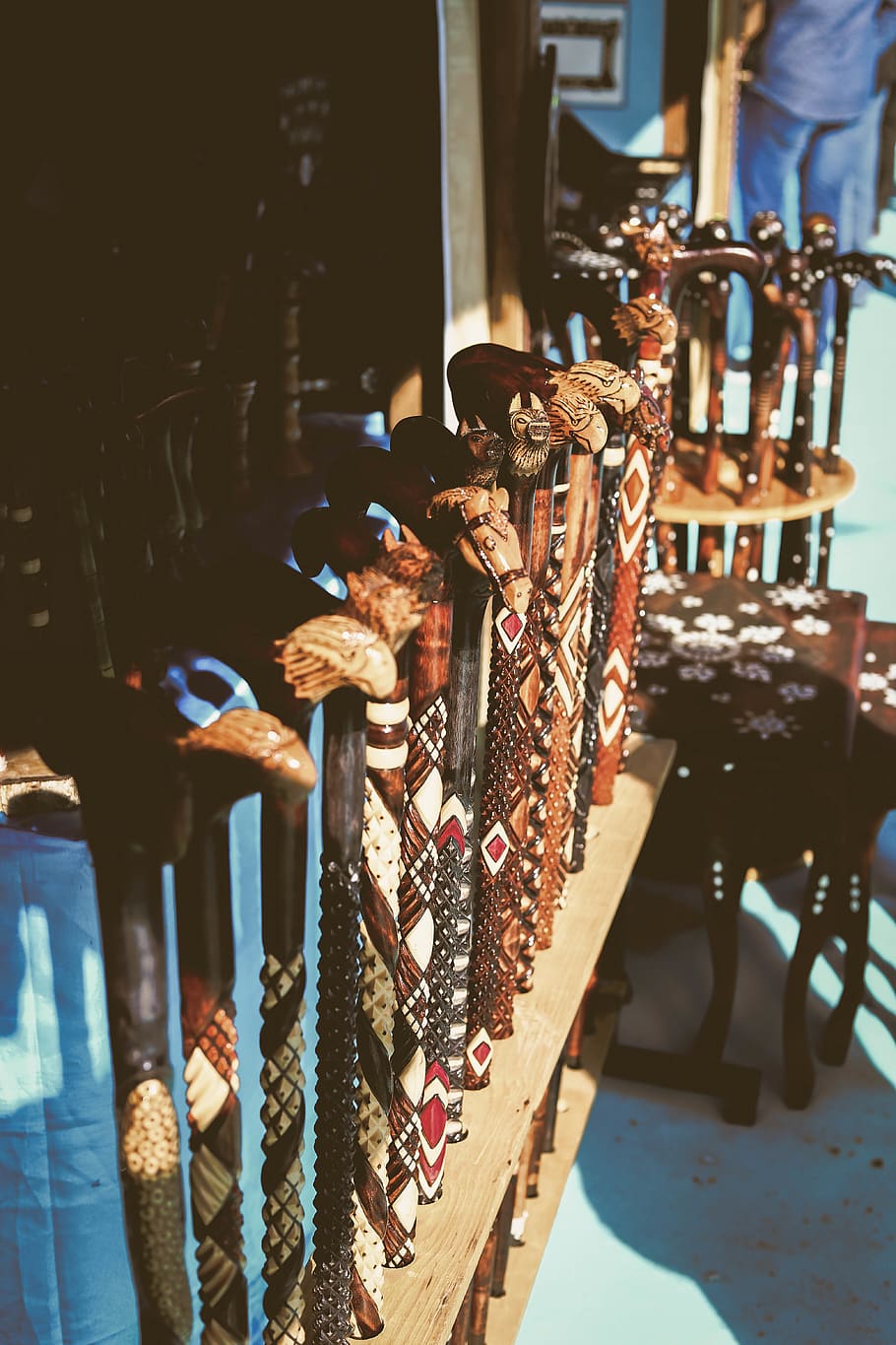 Assorted Walking Sticks on Rack, art, cane, carved, carved wood HD wallpaper