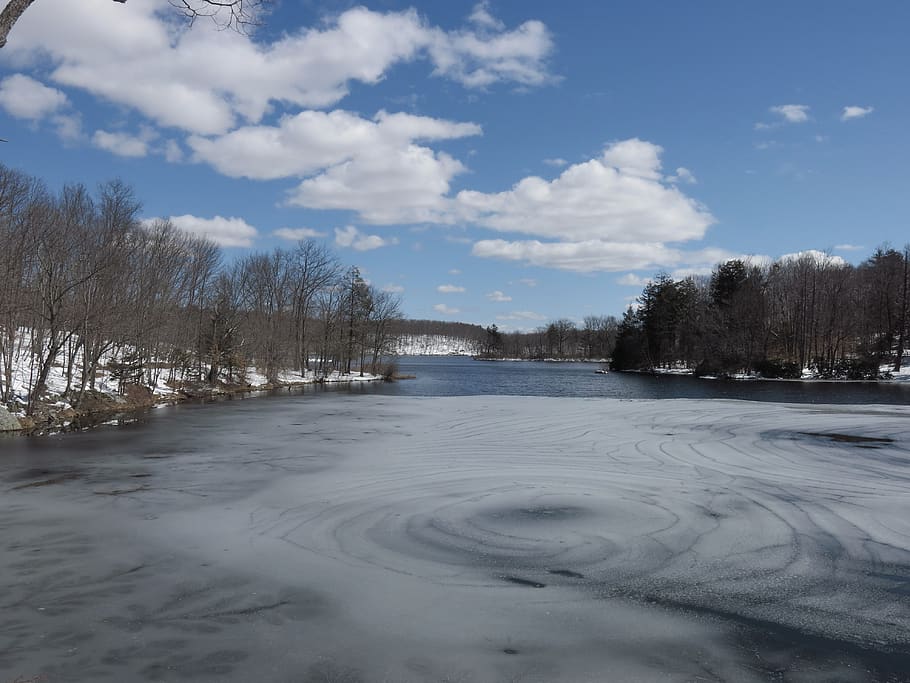 lake, ice, patterns, blue, snow, trees, clouds, sky, cold, cold temperature HD wallpaper
