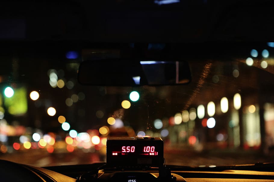 taxi, cab, meter, driving, dark, night, lights, road, windshield HD wallpaper