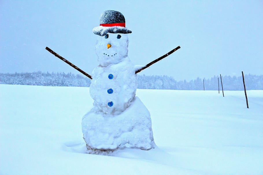 snowman, winter, white, funny, cold, wintry, hat, background HD wallpaper