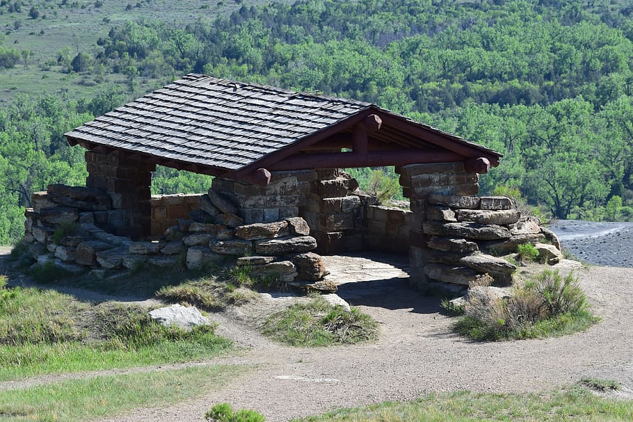 picnic shelter, badlands, north dakota, scenic overlook, built structure, HD wallpaper