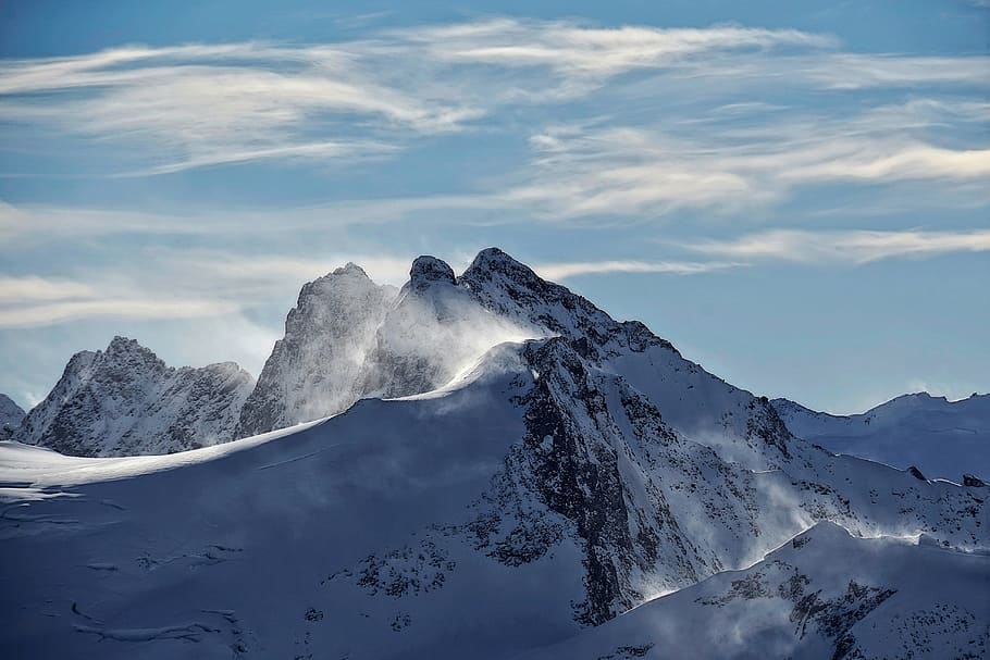 mountain, valley, blue, sky, cloud, landscape, nature, snow HD wallpaper