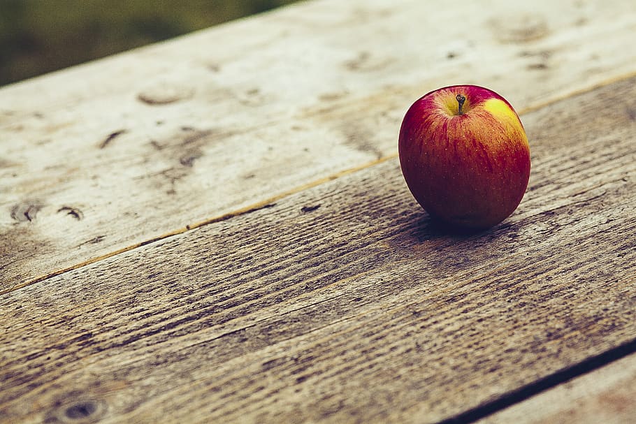 red apple on brown surface, healthy eating, wood - material, food HD wallpaper