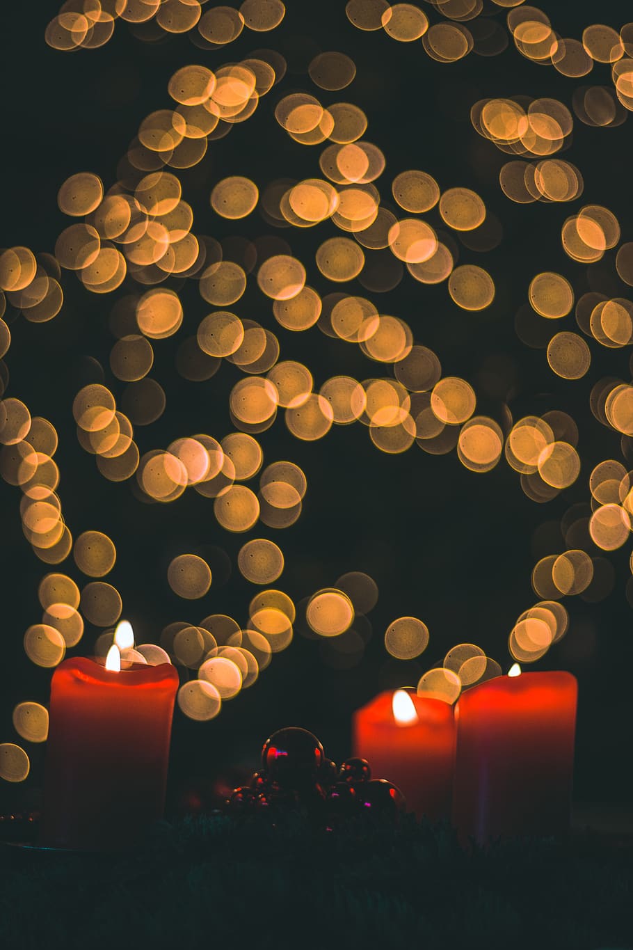 three lighted pillar candles, illuminated, glowing, decoration HD wallpaper