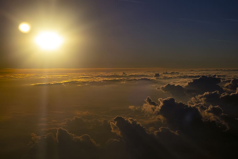 nimbus clouds, flare, sky, light, sunset, weather, cumulus, nature HD wallpaper