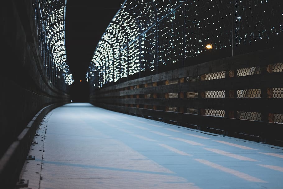 snow, bridge, nighttime, snowy, white, led, lights, bridges HD wallpaper
