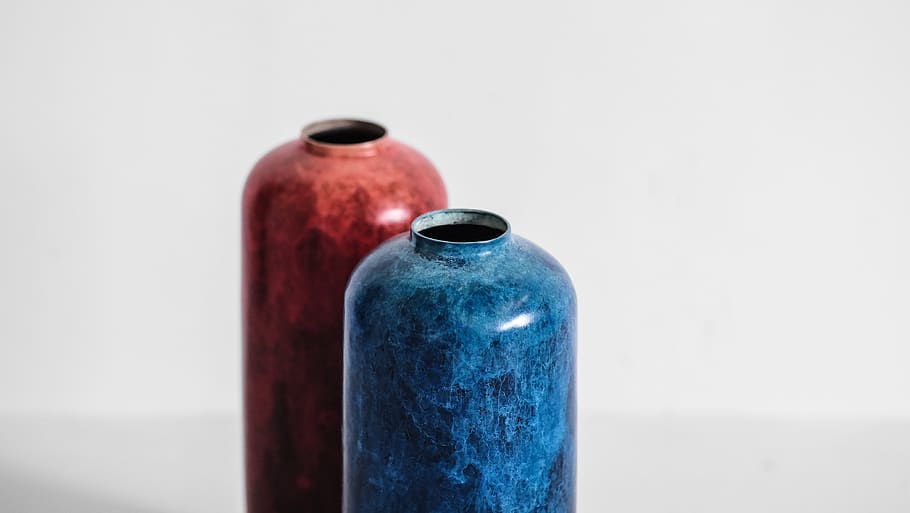 minimalism, red, blue, flower, handmade, vase, copper, oriental HD wallpaper
