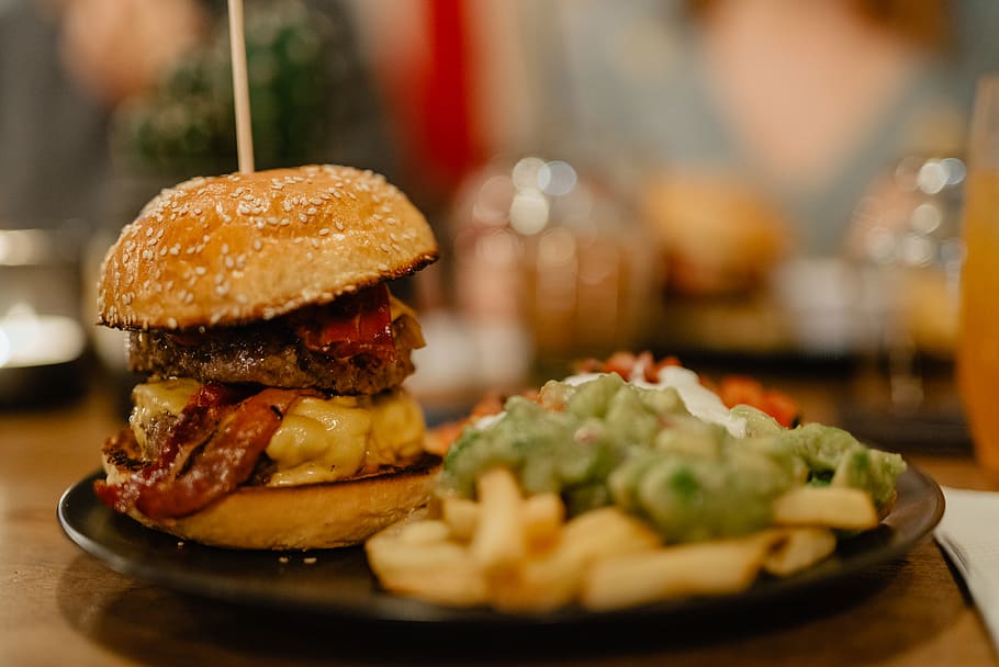 hamburger and fries, food, bacon, cheese, soulfood, french fries HD wallpaper
