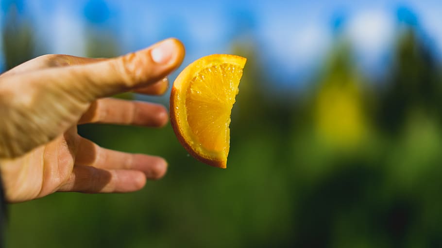 orange, levitation, summer, fruit, hand, throw, let go, float HD wallpaper