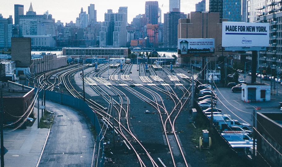 new york, united states, queens, sunset, rail, blue, railroad, HD wallpaper
