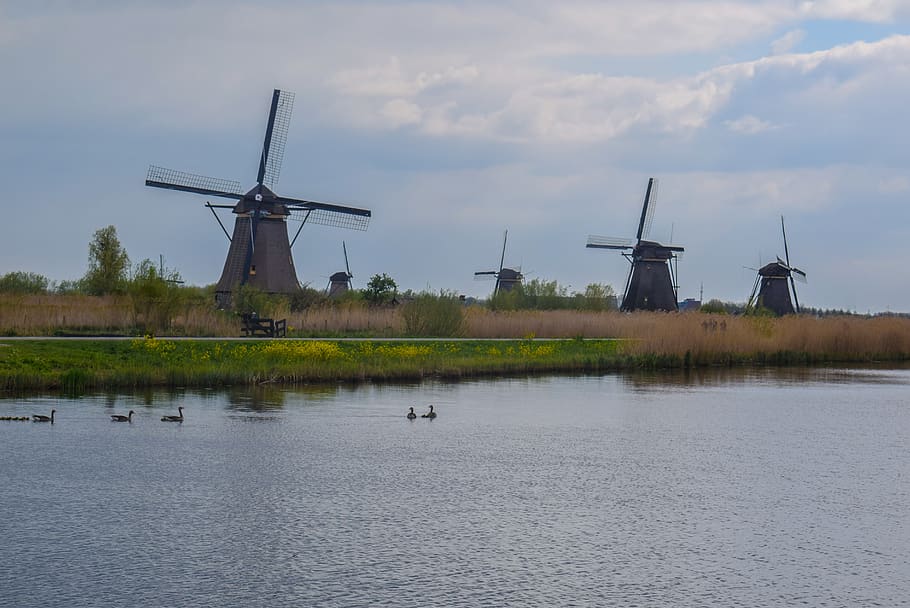 mill, netherlands, water, clouds, tourism, architecture, wind mill HD wallpaper