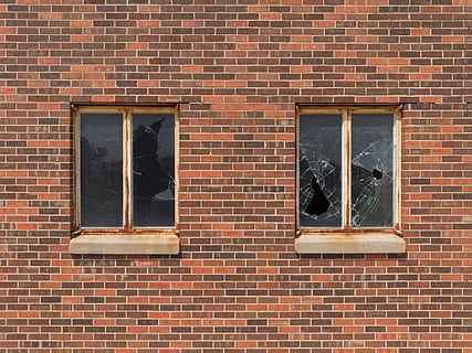 two broken glass building windows, derelict, abandoned, warehouse HD wallpaper