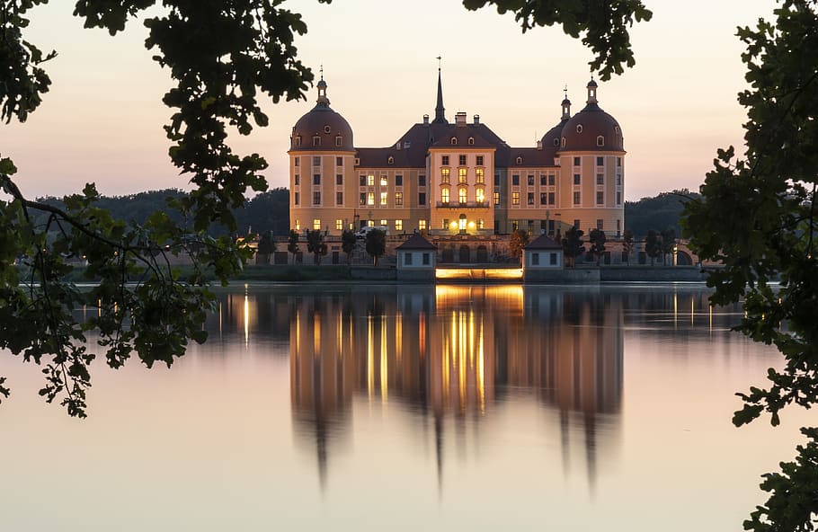 sunset, water, dresden, moritz castle, building exterior, built structure HD wallpaper
