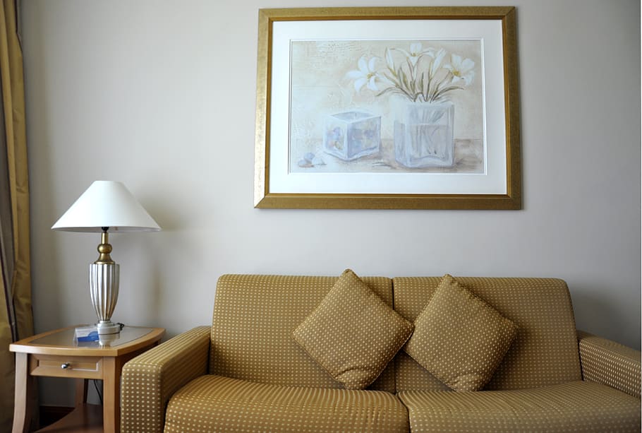 two brown throw pillows on ciuch, furniture, domestic room, indoors HD wallpaper
