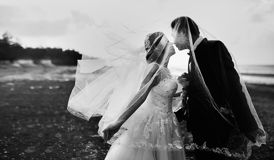 black and white, people, man, woman, wedding, gown, dress, suit, HD wallpaper