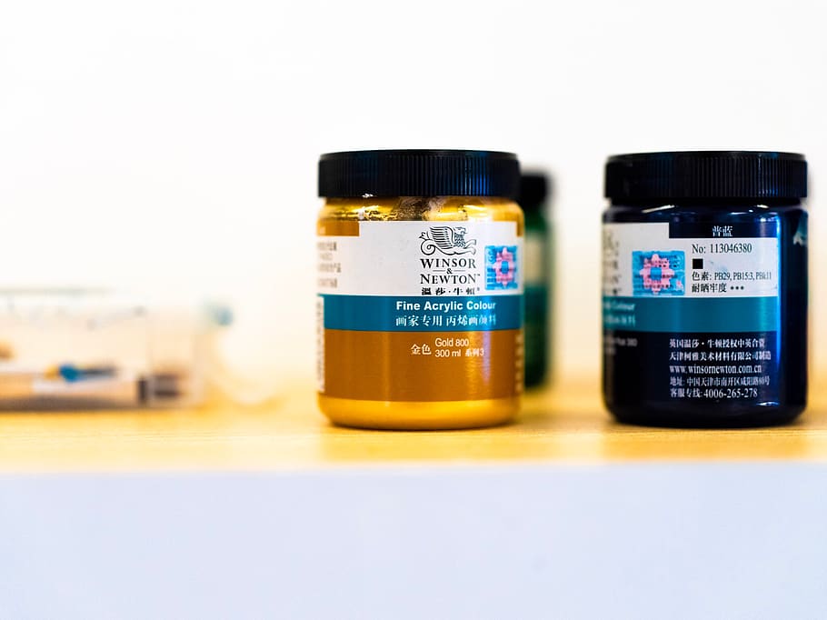two acrylic paints, label, text, plant, medication, electronics HD wallpaper