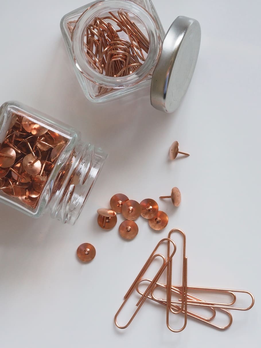 paper clips, pins, jars, glass, lid, open, white background HD wallpaper