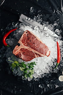 raw meat on ice with coriander and chilis, steak, food, culinary HD wallpaper