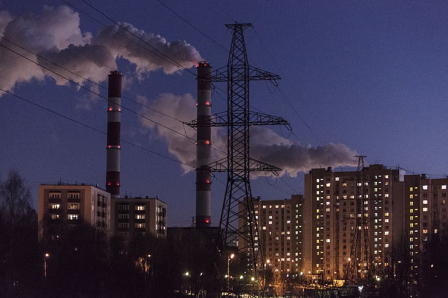 building, power plant, urban, city, factory, pollution, night