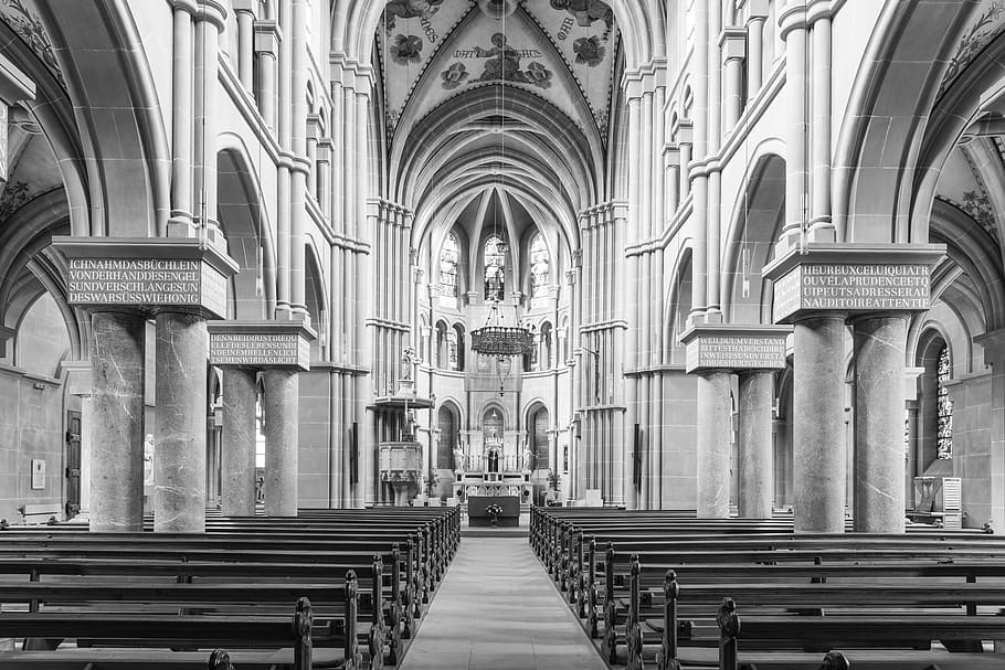 Grayscale Photo of Church, abbey, altar, arch, architecture, art HD wallpaper