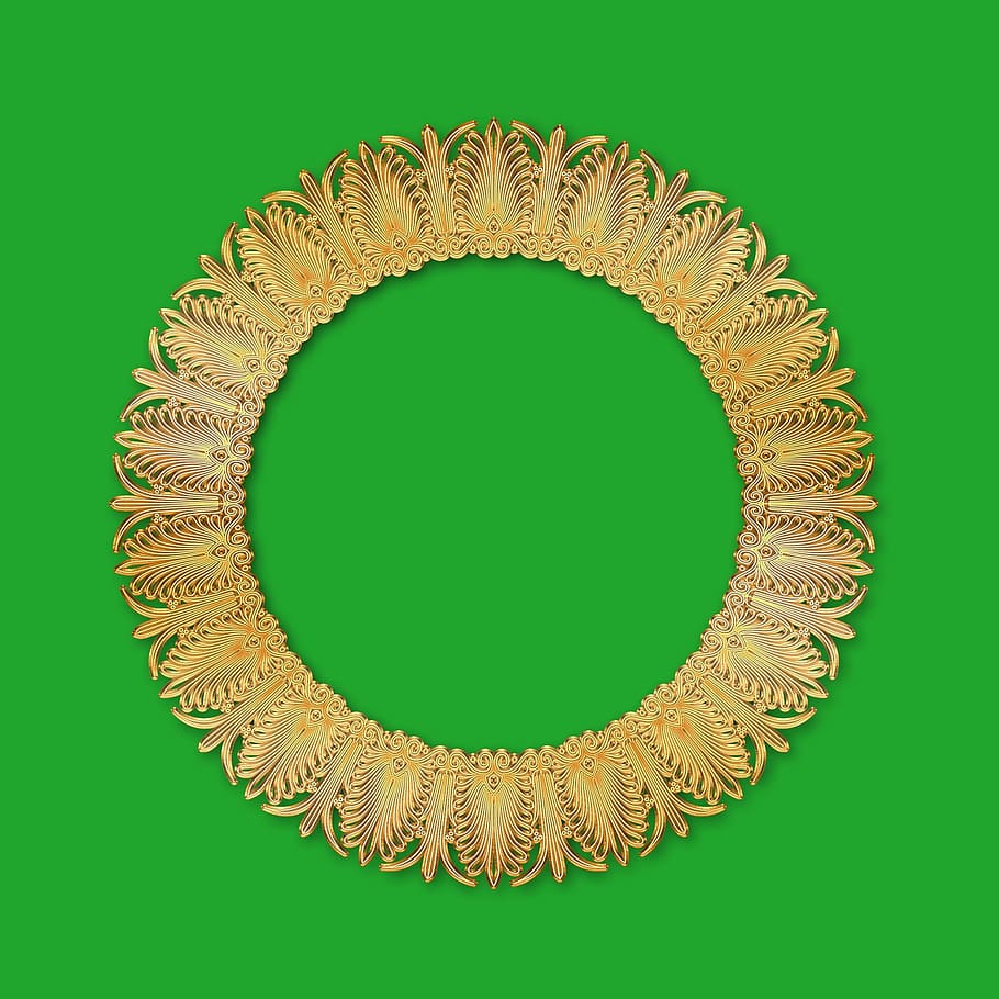 vintage, golden, frame, round, ornamental, mirror, green color HD wallpaper