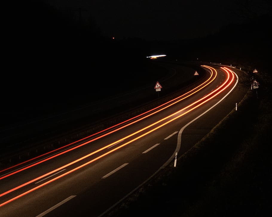 lighted asphalt road, way, highway, vehicle, train, transportation HD wallpaper