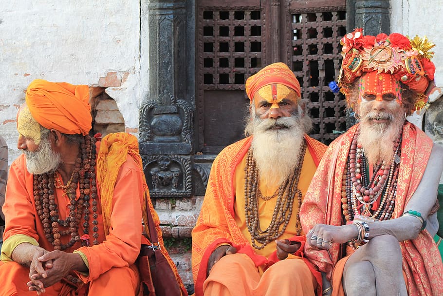 Three Men Wearing Orange Tradition Clothes, adult, celebration