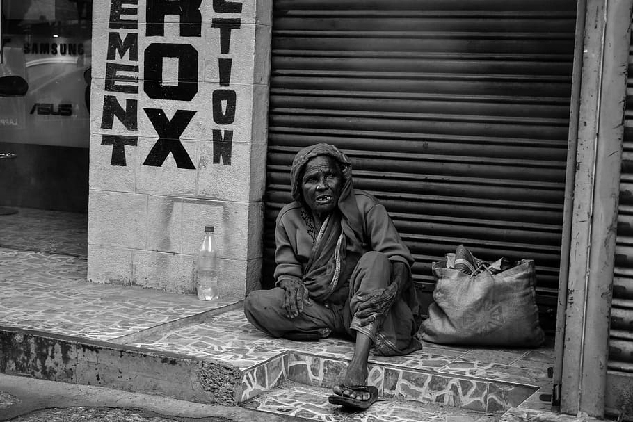 monochrome, black and white, homeless, nikon, woman, street photography, HD wallpaper