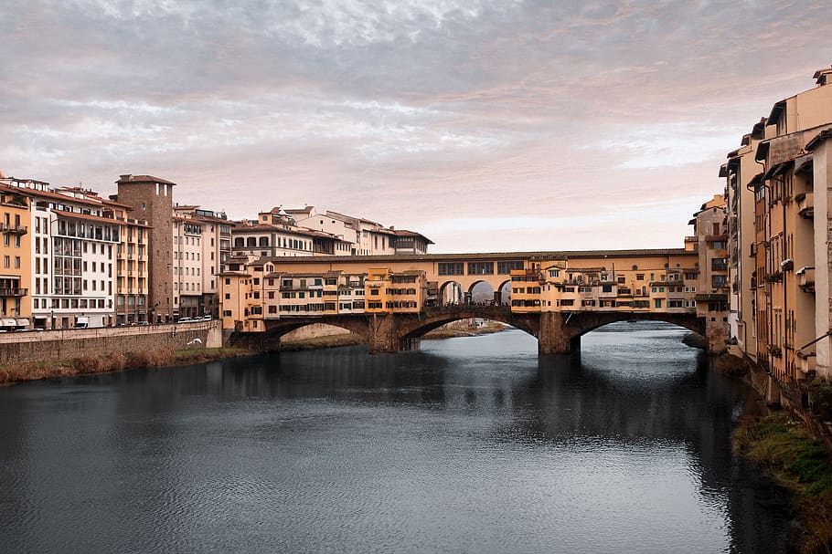 bridge between buildings, water, outdoors, architecture, river HD wallpaper