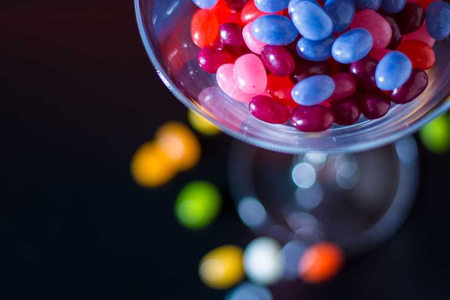 Selective Focus Photography of Jelly Beans on Jar, black background, HD wallpaper