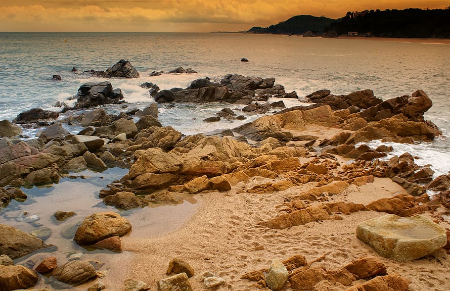 beach, rocks, sea, sunset, spain, landscape, water, the coast HD wallpaper